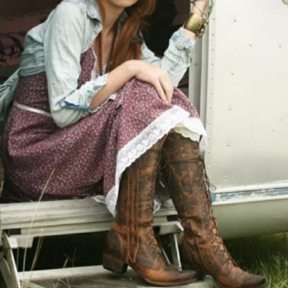 Red and Brown Lace Up Boots with Distressed Leather - Picture 3 of 8